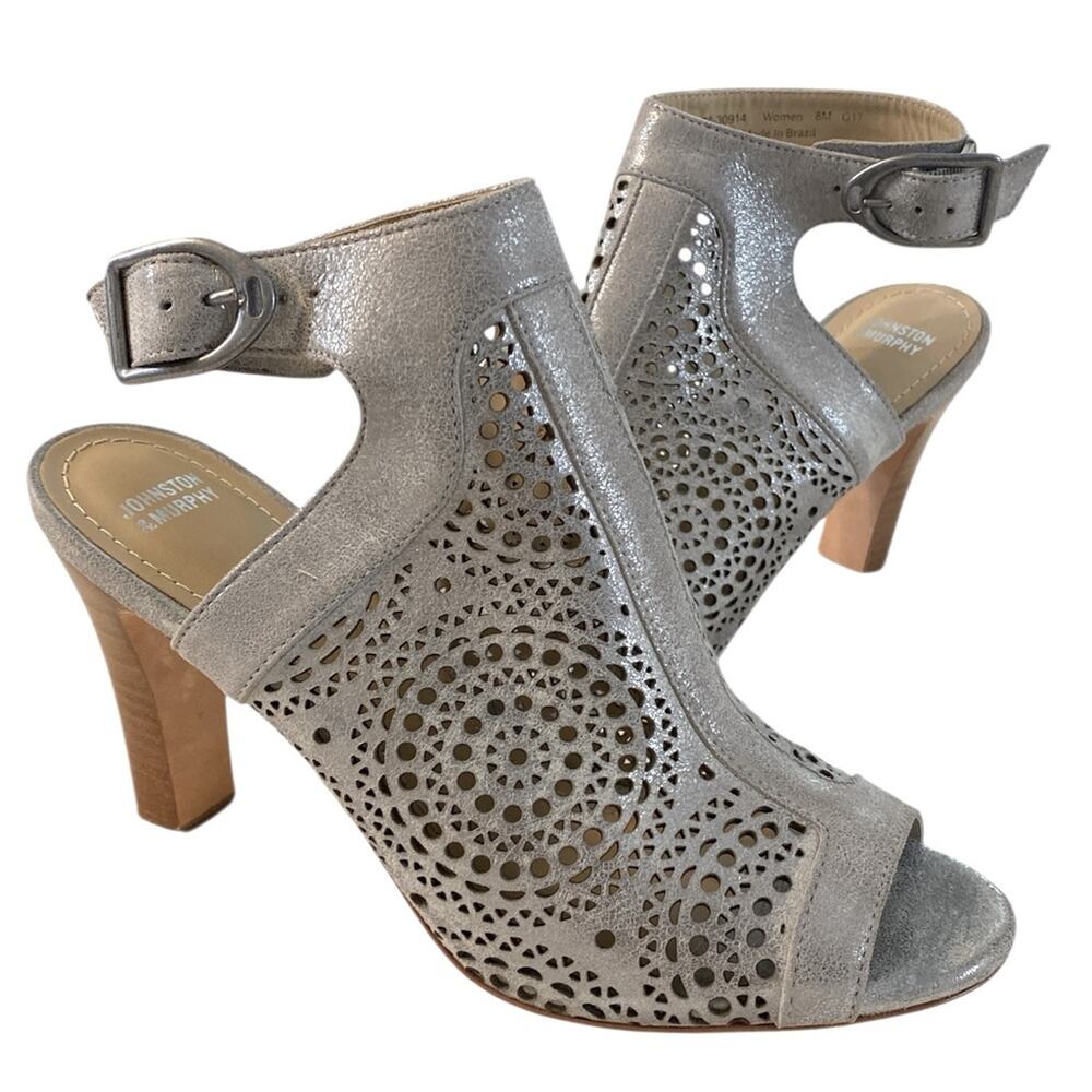 Johnston & Murphy Leather Metallic Silver Ankle Strap Peep Toe Heels Size 8